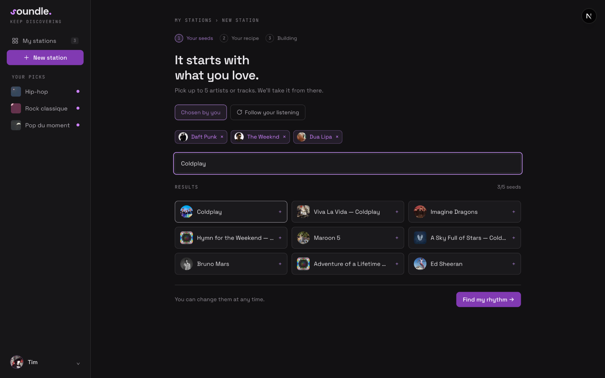 Soundle station setup with artists and tracks selected as seeds