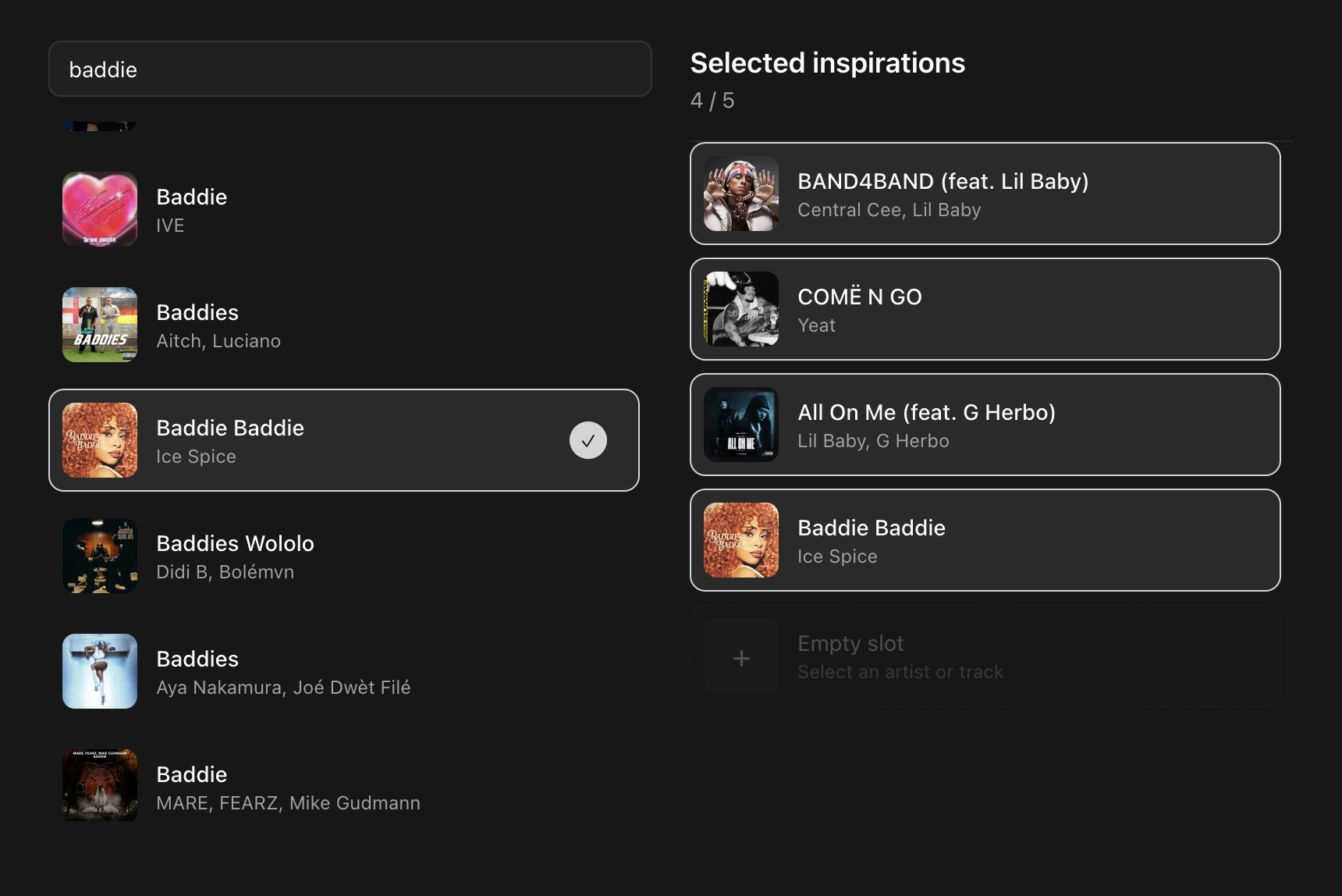 Select Your Inspirations interface